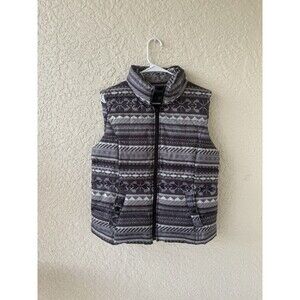 Tommy Hilfiger Puffer Vest L Pixelated Fair Isle Print Button Pockets Gray/Black